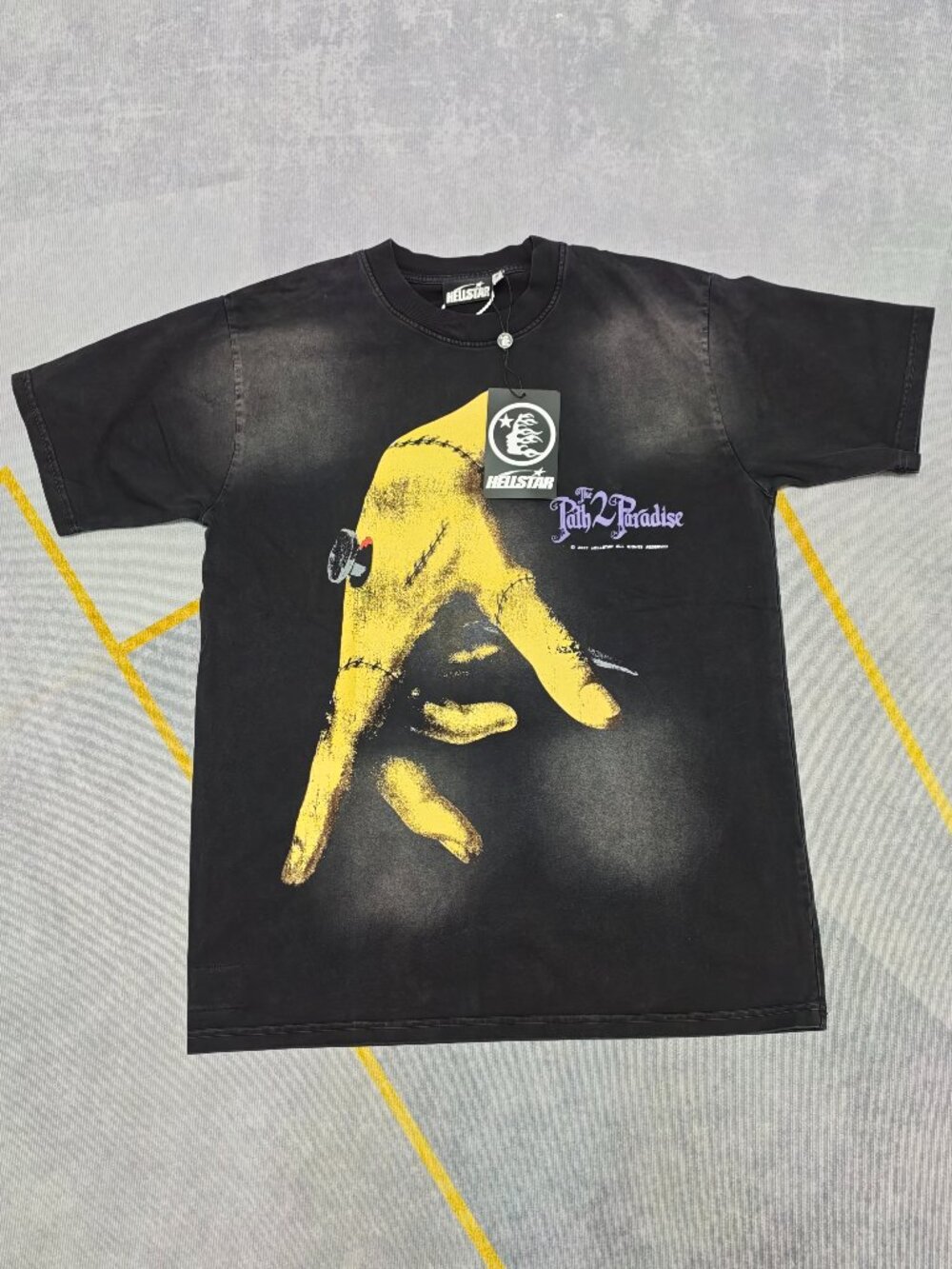 Hellstar Studios Black Acid‑Wash Tee Yellow Stitched Hand Print Short Sleeve T‑S